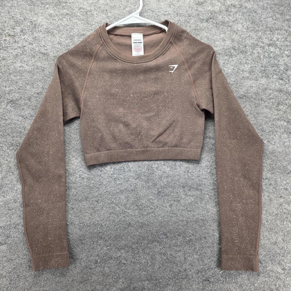 Gymshark T-Shirt Womens M Brown Crew Neck Long Sleeve Cropped Spotted Stretch